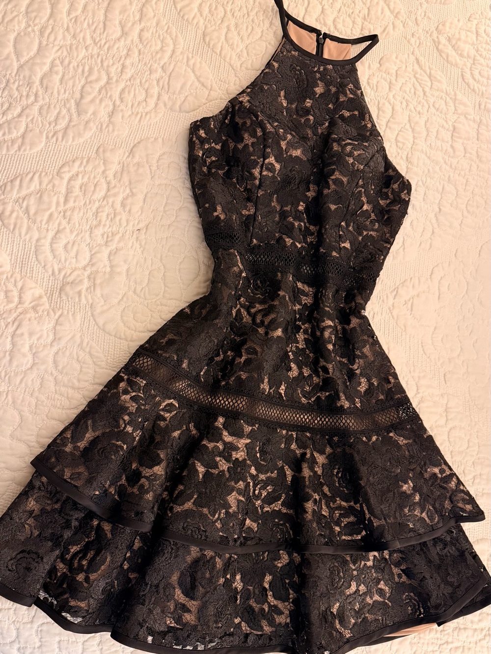 Xscape Black Lace Cutout Dress with Nude Lining